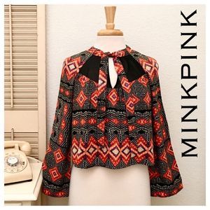 MinkPink Boho Tribal Tie Neck Long Sleeve Top, Small▪️